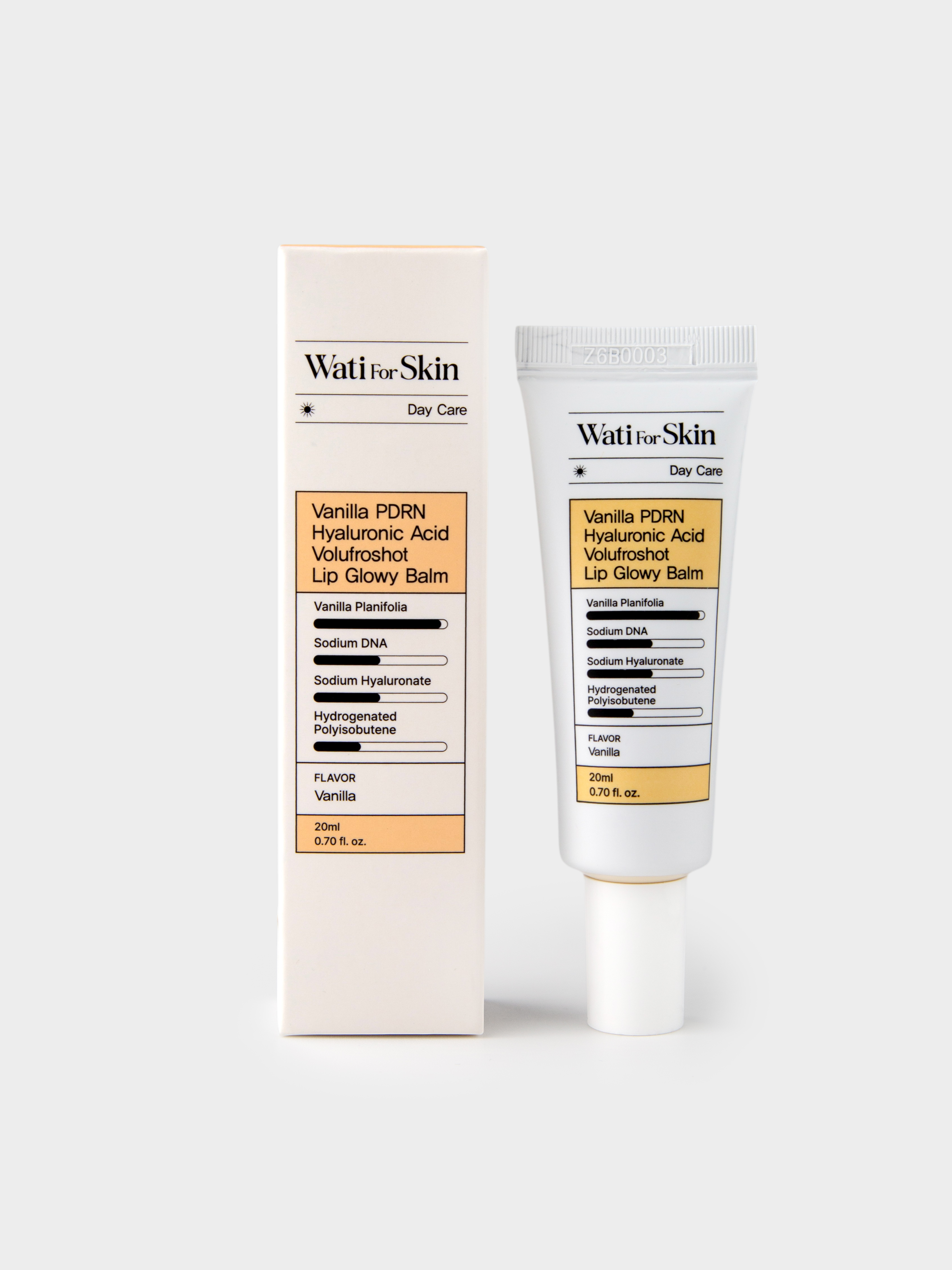 Wati For Skin Vanilla PDRN Hyaluronic Acid Volufroshot Lip Glowy Balm Бальзам для увлажнения и антиэйдж питания губ с ванилью, гиалуроновой кислотой, ПДРН и волюфилином, 20 мл купить в интернет-магазине Skin-Mag
