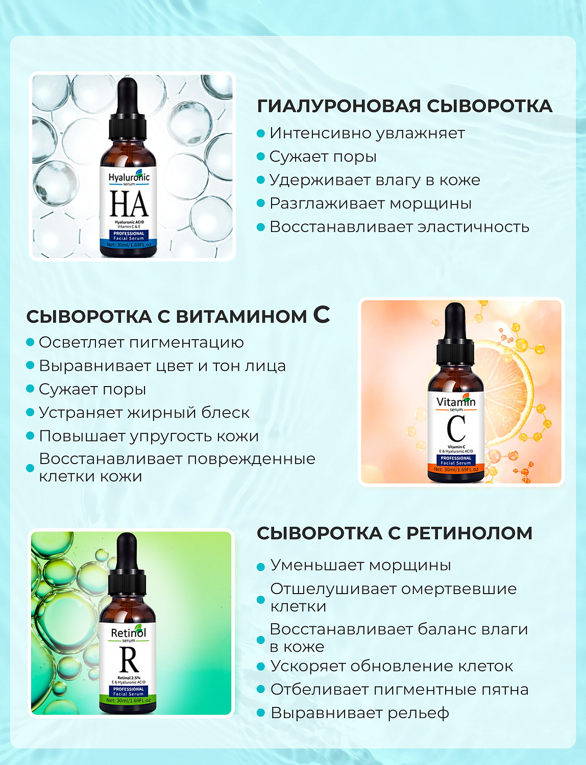 Набор сывороток для лица Mezonica: гиалуроновая кислота, витамин С, ретинол 2,5%