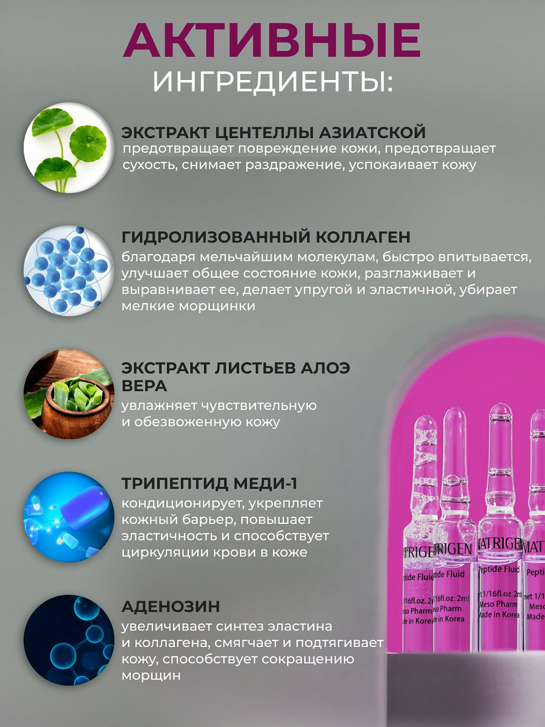 Сыворотка для лица Matrigen антивозрастная увлажняющая, с пептидами, 5 ампул по 2 мл